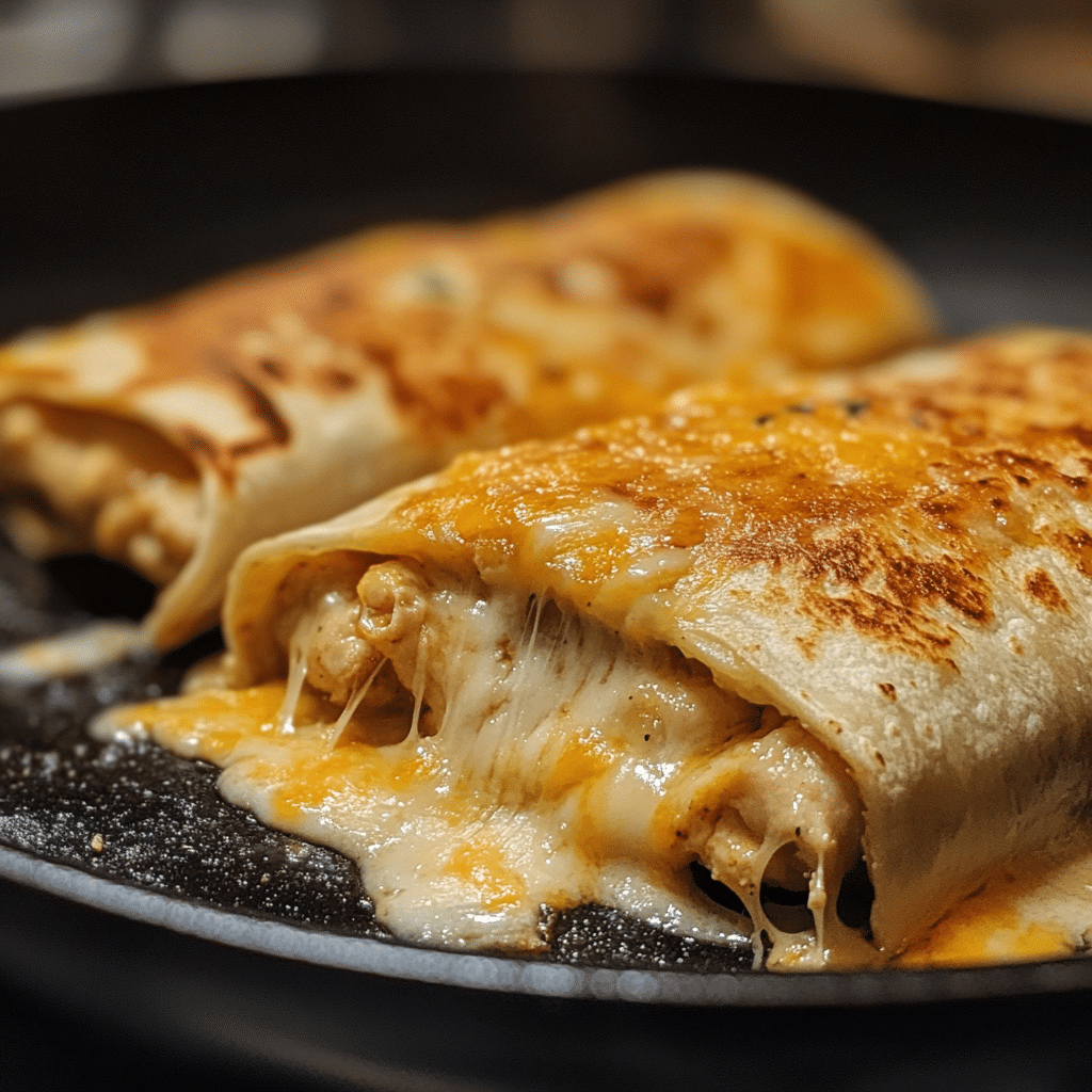 toasting cheesy garlic chicken wrap in skillet