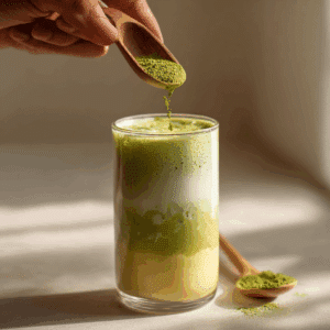 pouring whisked matcha over corn milk to assemble layered corn milk matcha