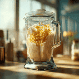 blending sweet corn, milk, and condensed milk for corn milk matcha