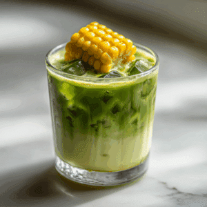 corn milk matcha latte with sweet corn garnish and ice in clear glass