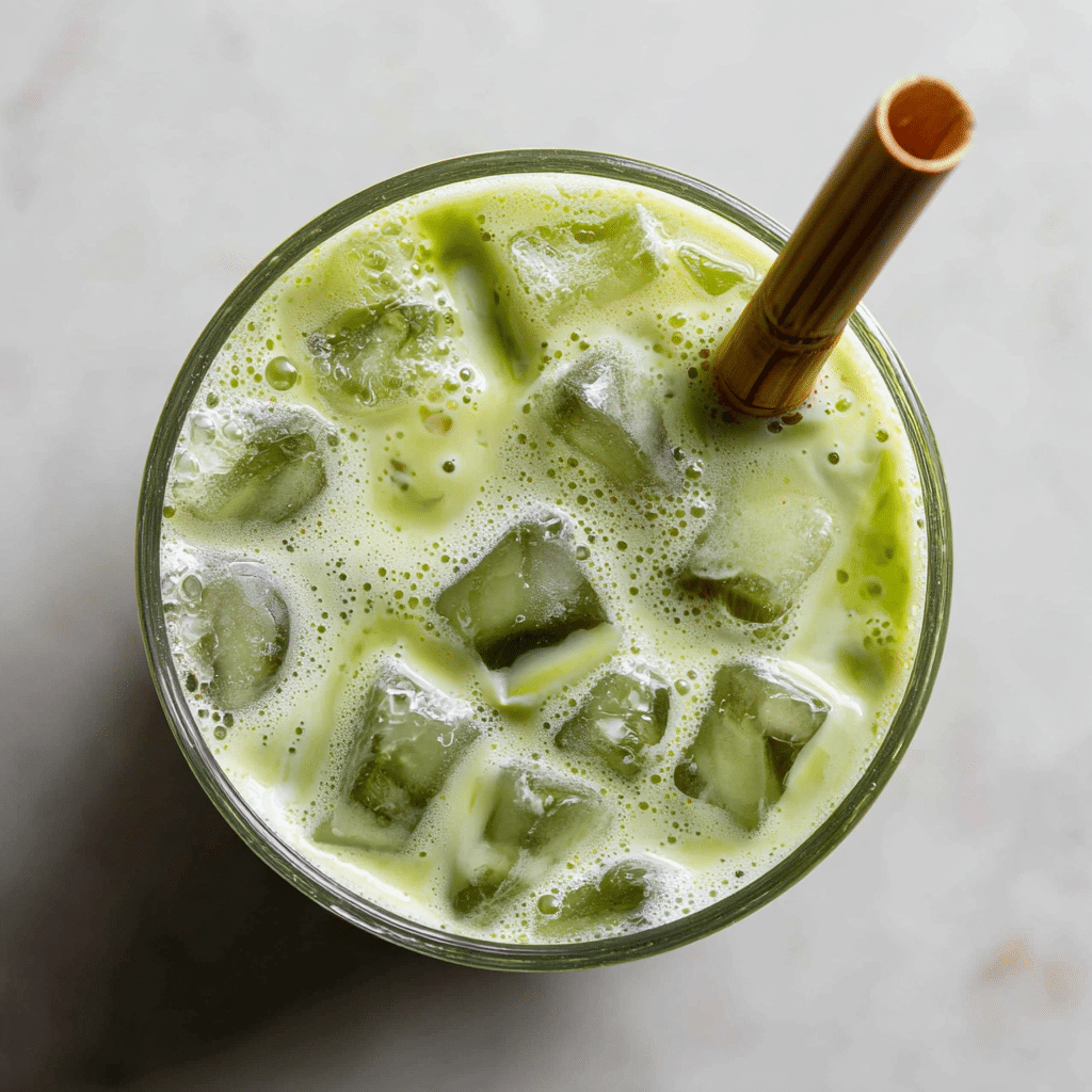 iced corn milk matcha oat milk latte in glass with straw