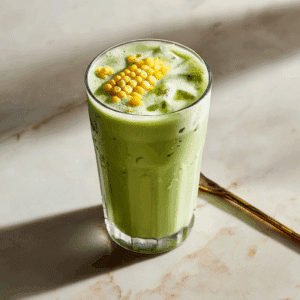 served iced corn milk matcha with sweet corn garnish