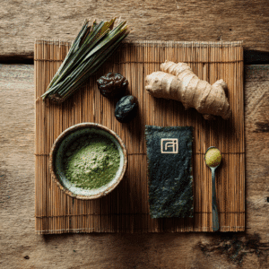 Matcha, umeboshi, ginger, and kombu prepared for Japanese Mounjaro Recipe