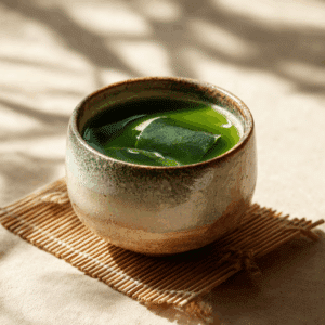 Modern ceramic cup with Japanese Mounjaro Recipe detox tea made from matcha, ginger, and kombu