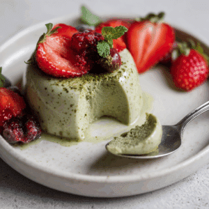 Plated matcha panna cotta with spoon and red berries