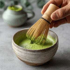 whisking matcha powder with hot water to make corn milk matcha