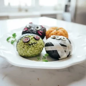Four Halloween-themed matcha onigiri (rice balls) on a white plate: Frankenstein with green rice and olive eyes, a black cat with white eyes and radish whiskers, a mummy wrapped in cheese strips, and a pumpkin made of orange rice, showcasing a matcha halloween onigiri recipe.
