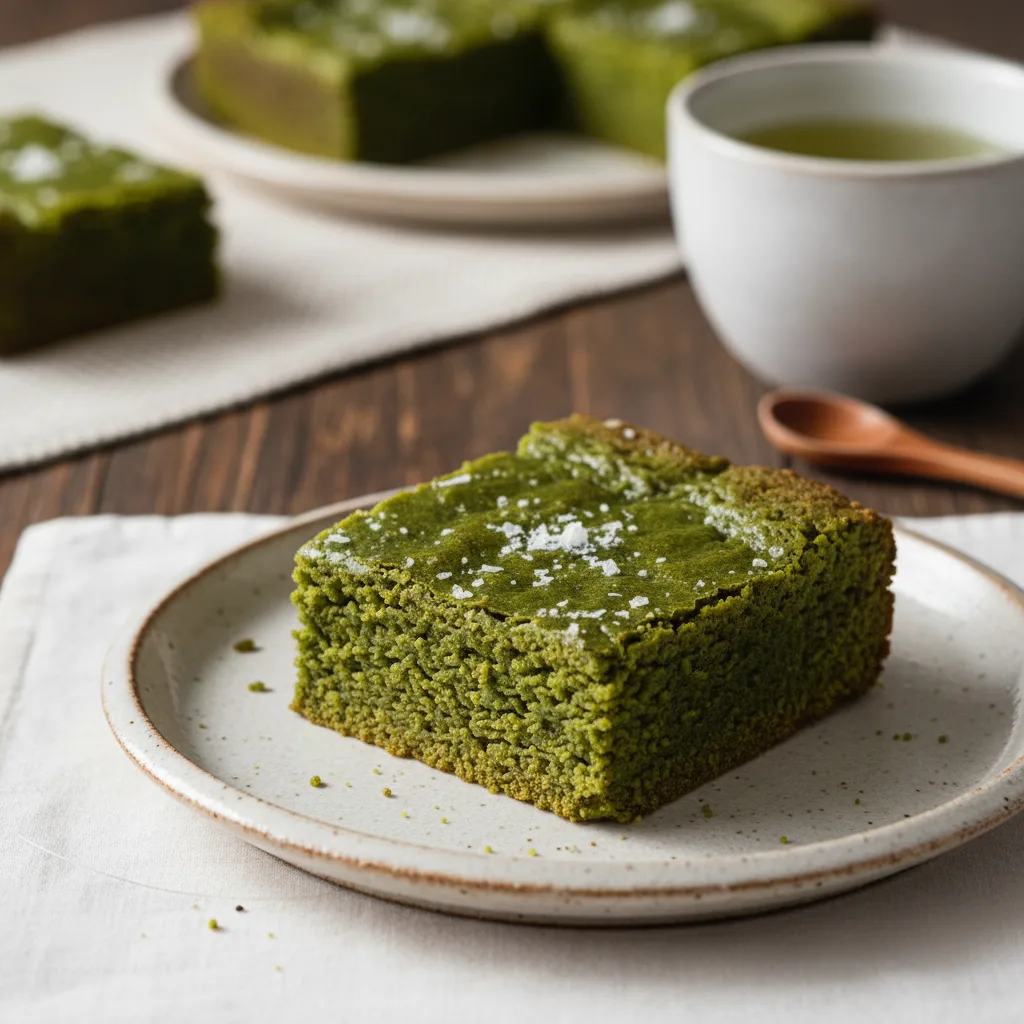A close-up of a single, hand-cut piece of fudgy matcha brownie from a delicious Matcha Brownies Recipe, featuring a crinkled top crust sprinkled with flaky sea salt. Its vibrant green, moist interior is visible on the cut side, resting on a textured white surface.