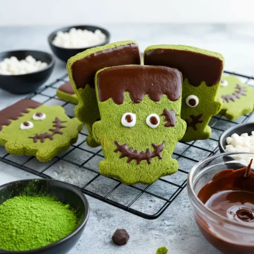 Matcha Frankenstein cookies decorated with chocolate hair, stitches, and eyes, arranged on a cooling rack with bowls of matcha powder, chocolate, and white chocolate chips, displayed on a light grey textured surface.