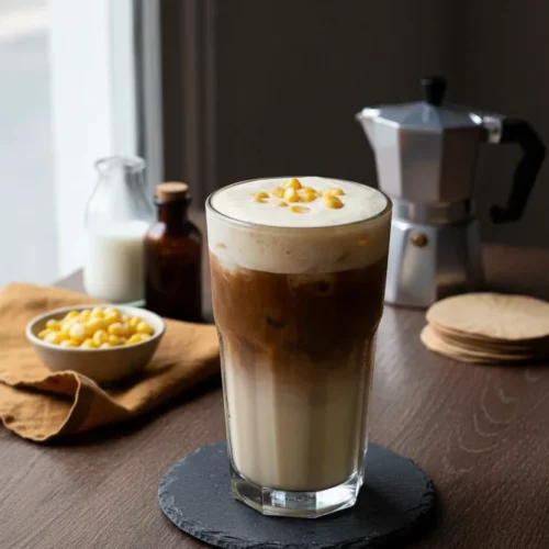 Iced Sweet Corn Latte in a clear glass with layers of milky coffee, dark coffee with ice, and a smooth cream topping garnished with yellow corn kernels. The drink sits on a coaster on a wooden table, with a bowl of corn kernels and milk in the background.