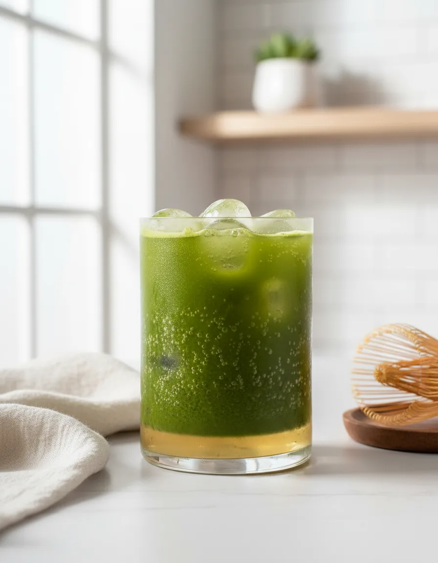 Iced Yuzu Matcha Tonic in a clear glass, layered with golden yellow liquid at the bottom and frothy green matcha on top, garnished with spherical ice balls and condensation droplets on the glass. A white linen and bamboo whisk are at the sides.