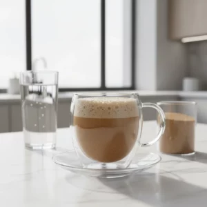 A light brown, frothy beverage, resembling a latte, served in a clear double-walled glass mug with a saucer. The bariatric seed ritual drink is filled to about 3/4, showcasing a foamy surface with fine bubbles and a grainy texture.