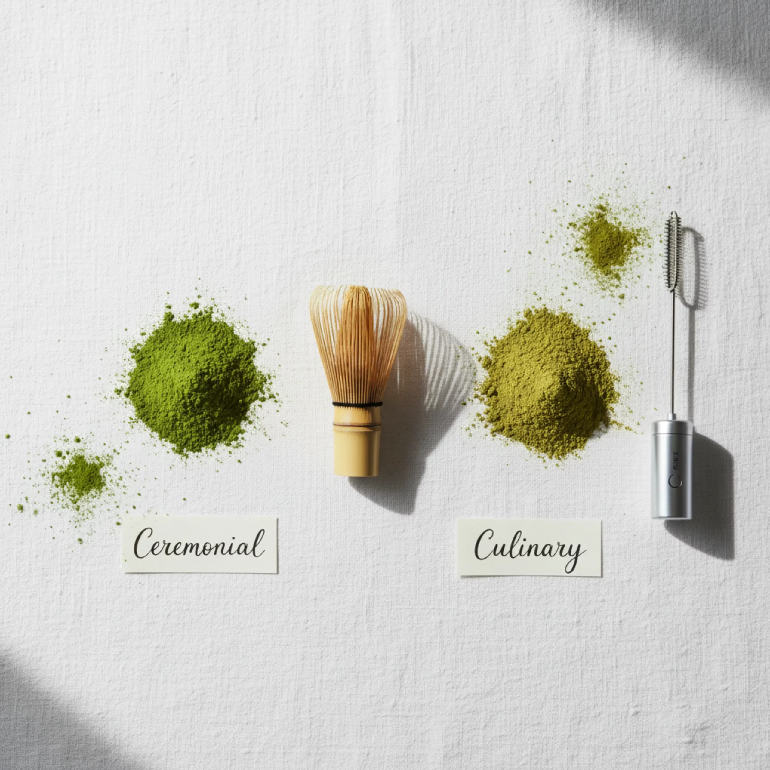A side-by-side comparison of Ceremonial vs Culinary grade matcha powder. The Ceremonial matcha on the left is a vibrant emerald green, while the Culinary matcha on the right is a duller, yellowish-green.
