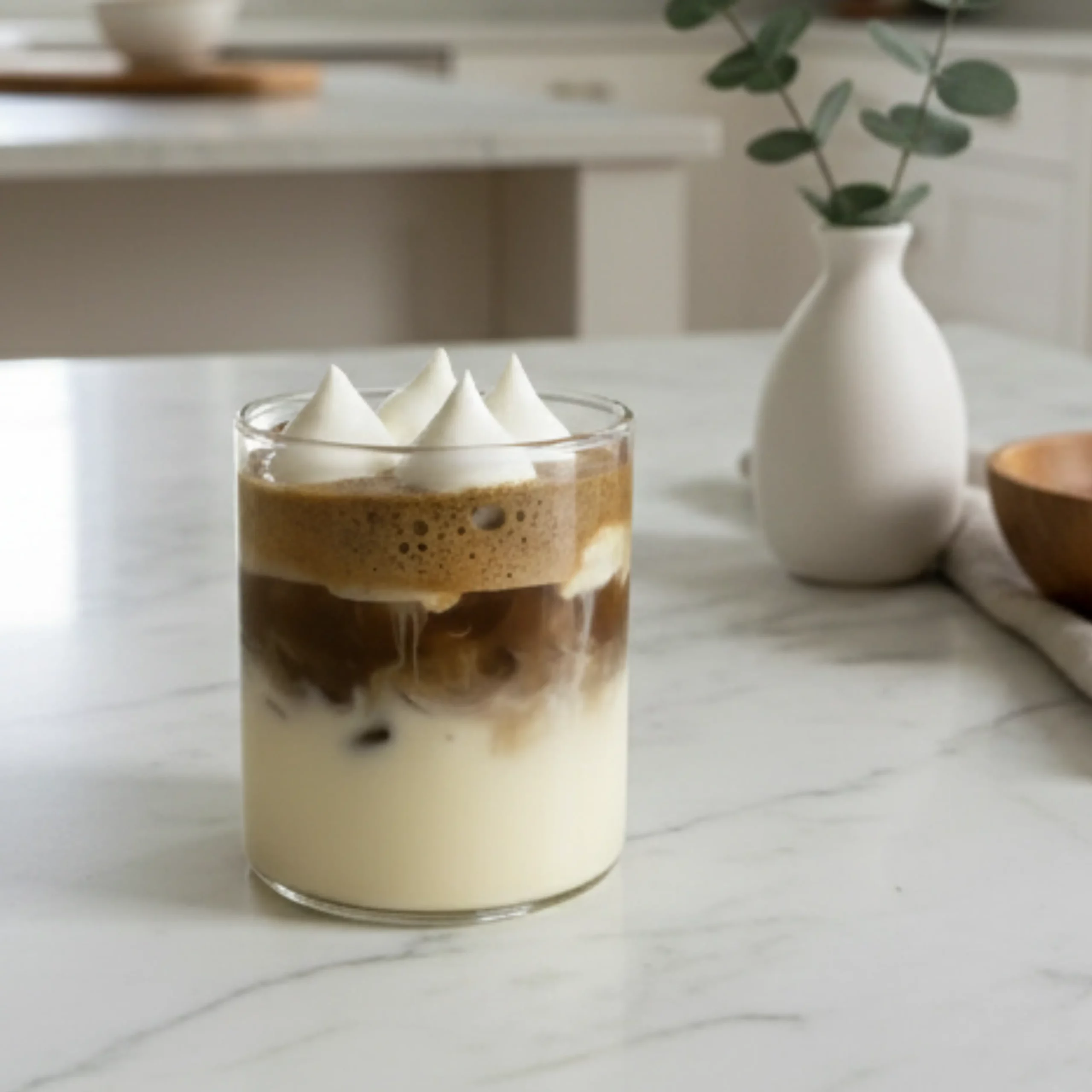 A glass of Corn Hojicha Einspanner, showing distinct layers of milk at the bottom, a thick foamy whipped coffee layer in the middle, and topped with small dollops of pure white whipped cream. The glass sits on a white fabric tablecloth with soft, diffused lighting.