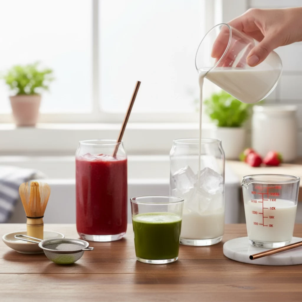 Hand pouring milk into a glass with ice, alongside glasses of whisked matcha and strawberry puree, matcha tools, and fresh strawberries, illustrating the preparation of a homemade strawberry matcha latte.