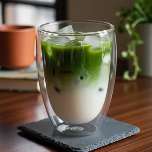 Iced horchata matcha latte in a clear, double-walled glass with irregular ice cubes, showcasing distinct layers of white milk at the bottom and vibrant green matcha on top. The drink sits on a light-colored wooden surface with visible grain.