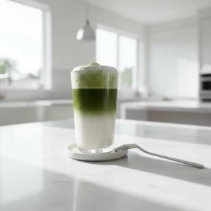 Overhead shot of a bright Hot matcha latte in a white mug on a beige and brown speckled saucer, sitting on an off-white table. The matcha latte surface is covered with microfoam and fine matcha powder.