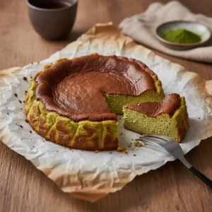 A single triangular slice of matcha Basque burnt cheesecake, showing its dark caramelized crust and creamy green interior, placed next to the larger round cake on wrinkled parchment paper, with a black-handled fork beside it.