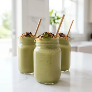 Three mason jars filled with matcha chocolate protein shake, garnished with dark chocolate shavings, shredded coconut, and matcha powder. Paper straws are inserted in each jar.