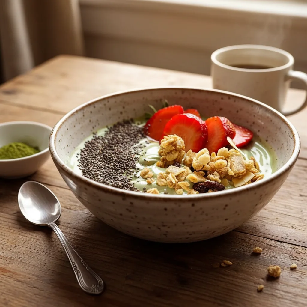 A matcha green tea yogurt smoothie bowl topped with chia seeds, sliced strawberries, and granola. The smoothie is a light green color and sits in a black ceramic bowl on a dark gray surface. A small bowl of matcha powder is partially visible in the background.