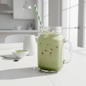 Iced vanilla matcha green tea latte served in a mason jar with a green and white striped straw. A small spoon with matcha powder, a milk bottle, and a vanilla extract bottle are in the background on a grey concrete surface.