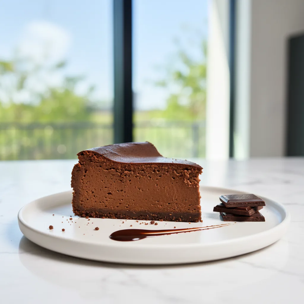 A slice of Chocolate Basque Cheesecake with a dark, caramelized top and a creamy interior, garnished with dark chocolate squares on parchment paper.