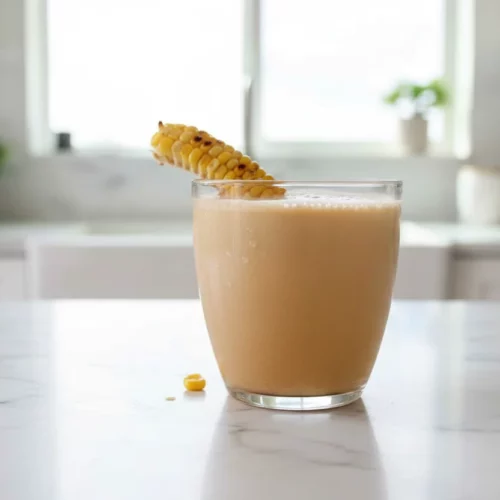 Two glasses of corn cappuccino garnished with grilled corn on the cob. The drinks are light tan with a layer of foam, and the corn segments rest on the rims, showing slight charring.