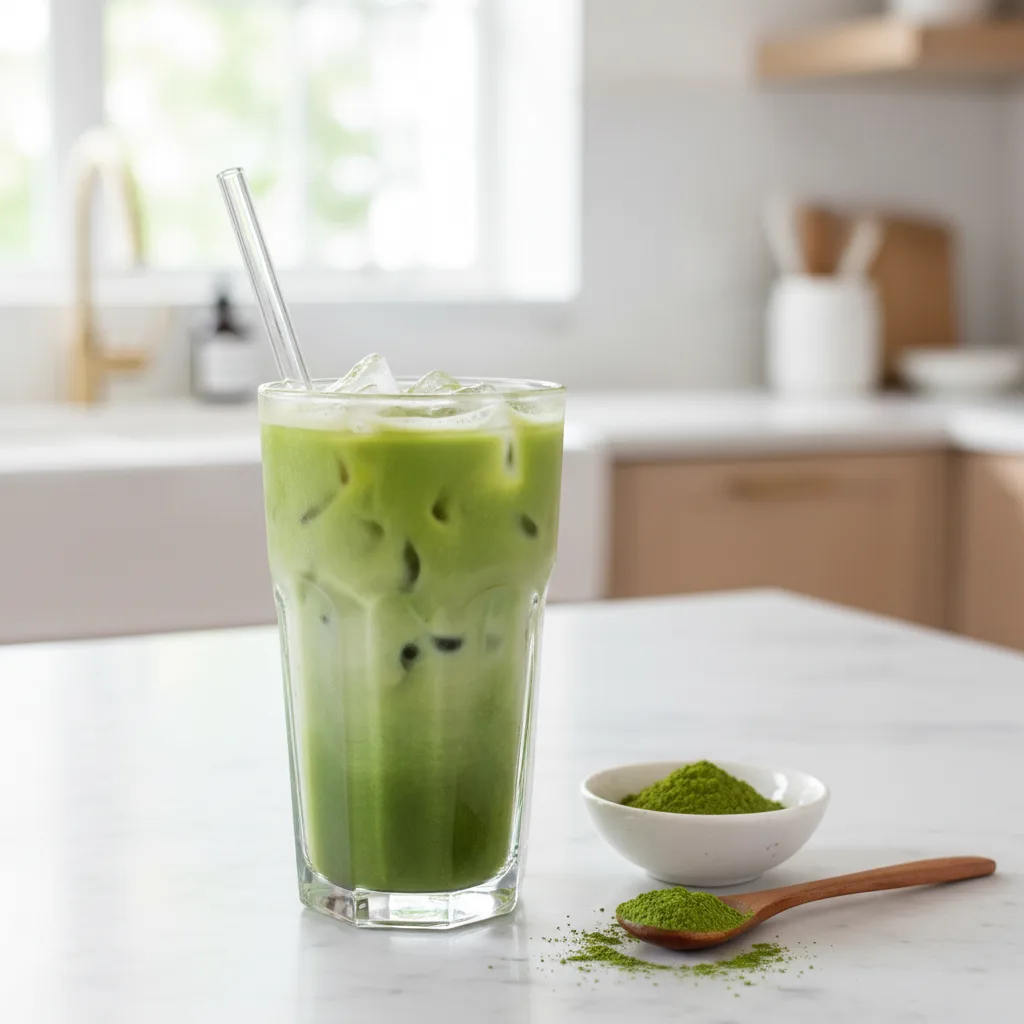 A tall glass of Honey Matcha Latte with ice, showcasing a gradient from a rich green at the bottom to a frothy light green at the top. The latte is served with a clear straw. A small white bowl of matcha powder and a wooden spoon with matcha are arranged next to the drink on a marble surface.