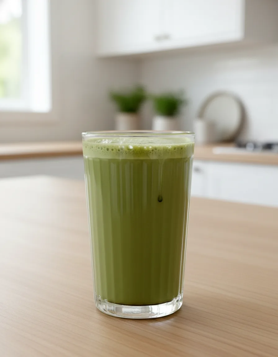 Oat Milk Matcha Latte in a large, round mug with a foamy green surface, served on a white marble table with a light gray linen cloth in the background.
