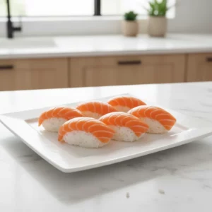 Close-up of fresh salmon nigiri sushi arranged on a wooden board. Each piece features a slice of vibrant orange salmon with marbled texture draped over a bed of white sushi rice with a thin strip of nori and avocado. A bamboo rolling mat is partially visible in the background.