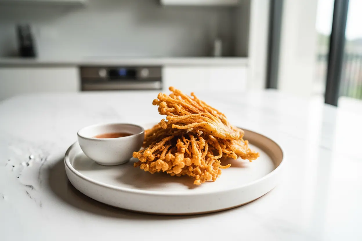 A plate of golden-brown, deep-fried enoki mushrooms piled high, showcasing their crispy texture. A small ceramic bowl of reddish-orange chili sauce sits beside the mushrooms on a white marble table.