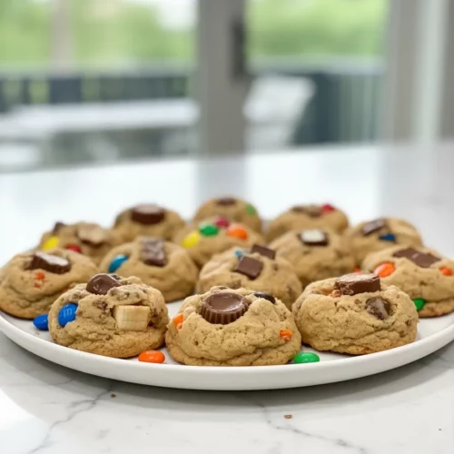 A batch of homemade Halloween candy cookies arranged on parchment paper. The round cookies are decorated with miniature candy bars, M&M's, and candy corn.