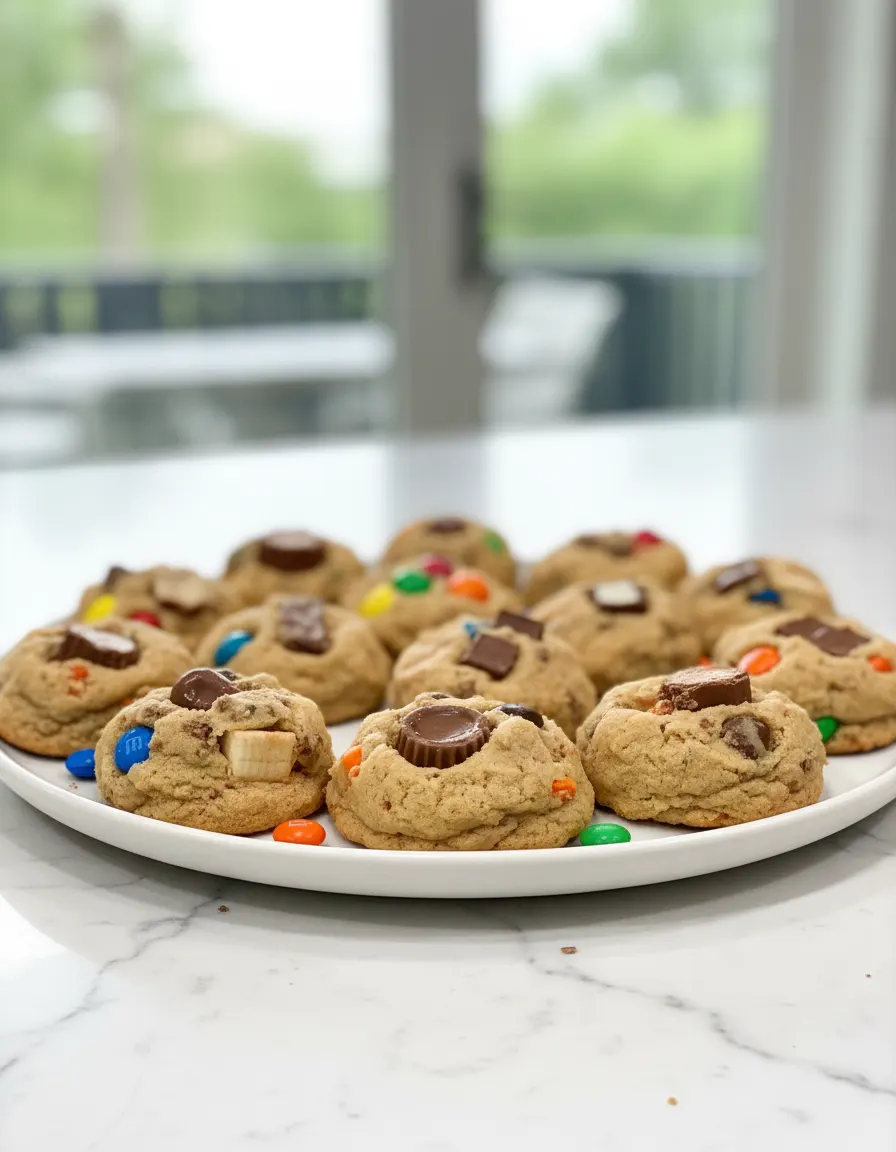 A batch of homemade Halloween candy cookies arranged on parchment paper. The round cookies are decorated with miniature candy bars, M&M's, and candy corn.