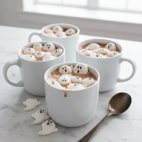 Hot chocolate mugs filled with Halloween Ghost Marshmallows. The marshmallows have simple black dot eyes and round mouths, some partially melting into the chocolate. A light blue textured surface serves as a background with scattered marshmallows and an antique silver spoon.