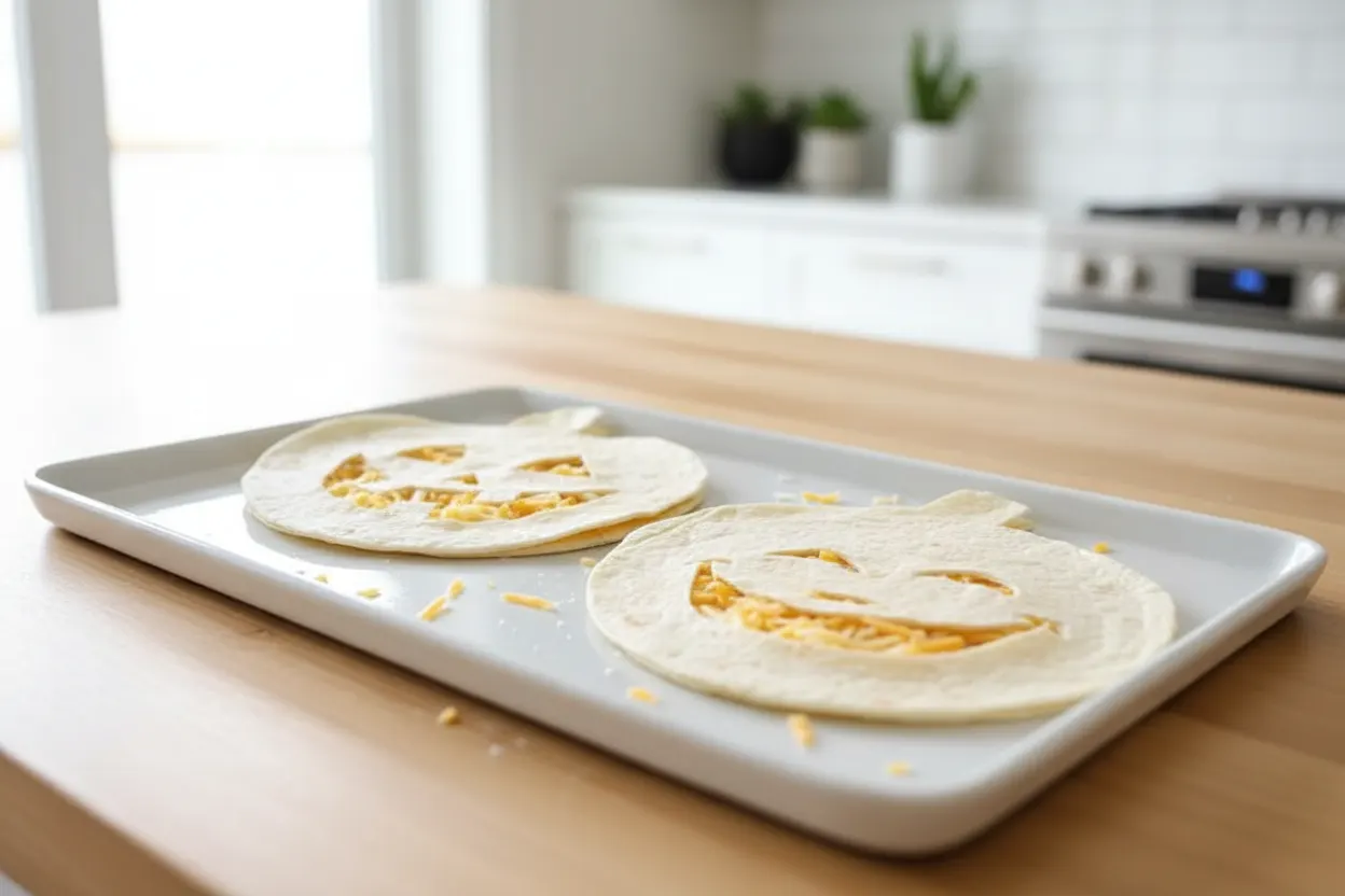 Two uncooked pumpkin-shaped quesadillas with jack-o'-lantern faces cut out, filled with yellow shredded cheese, resting on a gray baking sheet. Preparing jack o lantern quesadillas for Halloween.