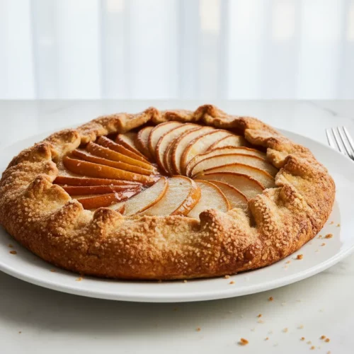 A rustic japanese pear galette with thinly sliced pears arranged in a circular pattern on a golden-brown, flaky crust sprinkled with coarse sugar, resting on parchment paper with a chef knife positioned to the left of the galette.