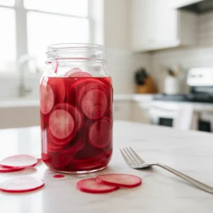 A jar of japanese radish pickle, showcasing thin circular slices of red-tinted pickled radishes in a clear glossy liquid, with a silver fork and radish slices on a gray concrete surface.