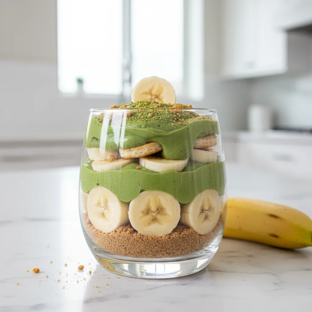 Matcha banana pudding parfait layered in a clear plastic cup. The parfait features a crushed graham cracker base, bright green matcha pudding, sliced bananas, and mini vanilla wafers, topped with matcha powder and a banana slice. Other parfaits, bananas and vanilla wafers are visible in the background.