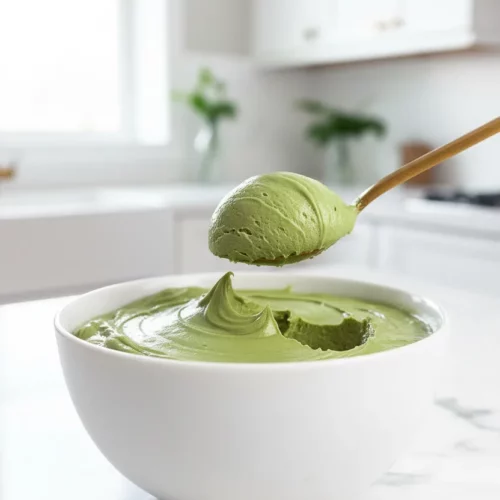 A close-up of creamy matcha protein ice cream in a clear glass jar. A gold-colored spoon holds a scoop, showcasing its smooth, dense texture. The ice cream has a vibrant green hue and a slightly glossy surface.