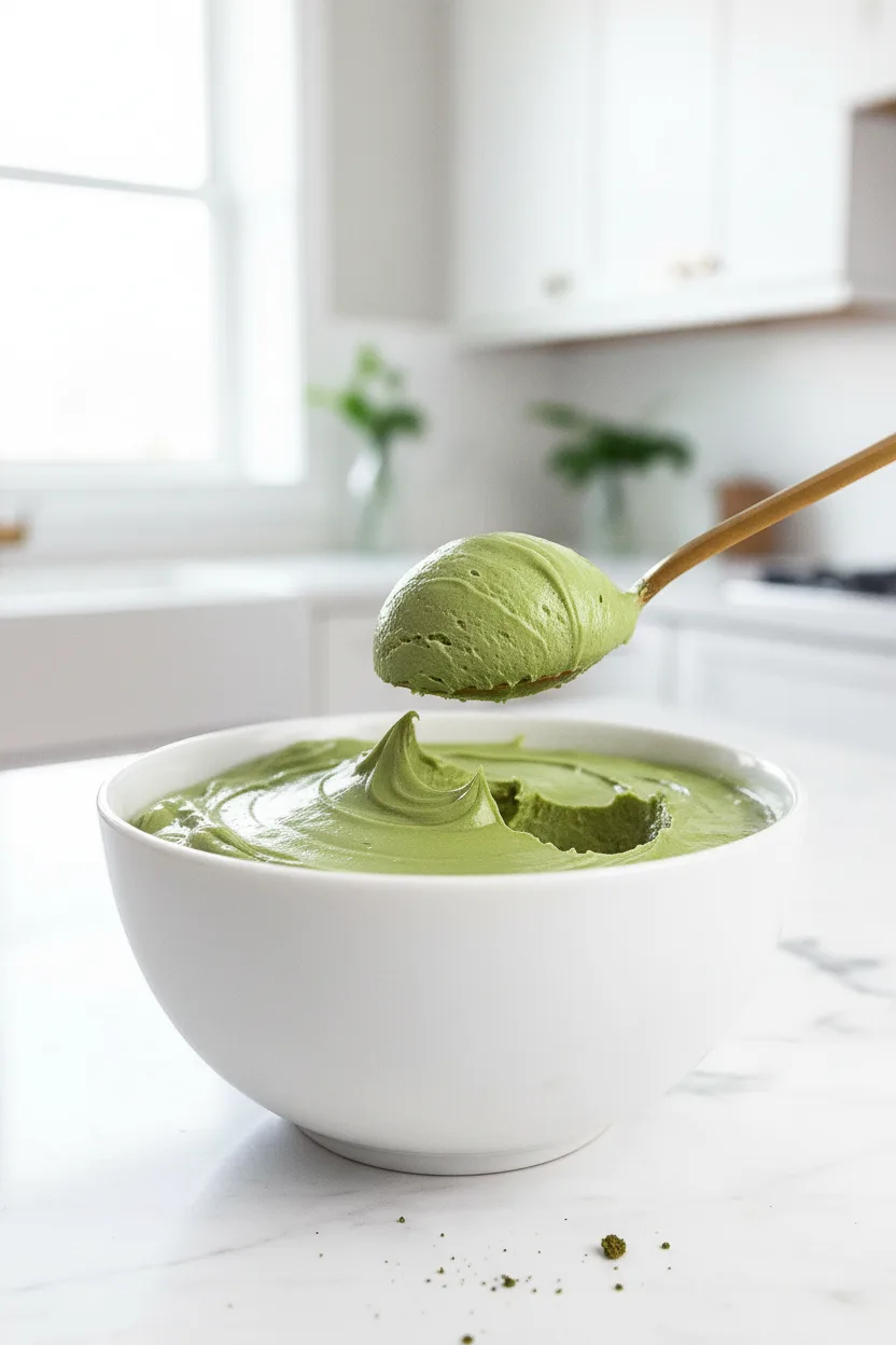 A close-up of creamy matcha protein ice cream in a clear glass jar. A gold-colored spoon holds a scoop, showcasing its smooth, dense texture. The ice cream has a vibrant green hue and a slightly glossy surface.