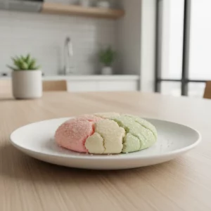 A single matcha strawberry cookie with a plain, pink, and light green section, coated in granulated sugar, lying on a white textured surface.