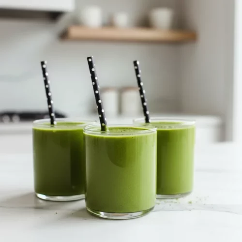 Three matcha vanilla protein shakes in clear glasses with polka dot paper straws, garnished with green powder on a white wooden table.