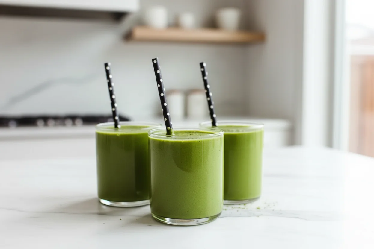 Three matcha vanilla protein shakes in clear glasses with polka dot paper straws, garnished with green powder on a white wooden table.