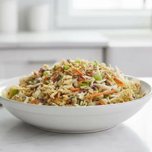 A vibrant ramen salad featuring crushed ramen noodles, shredded green and purple cabbage, julienned carrots, sunflower seeds, and sliced green onions, coated in a light dressing.