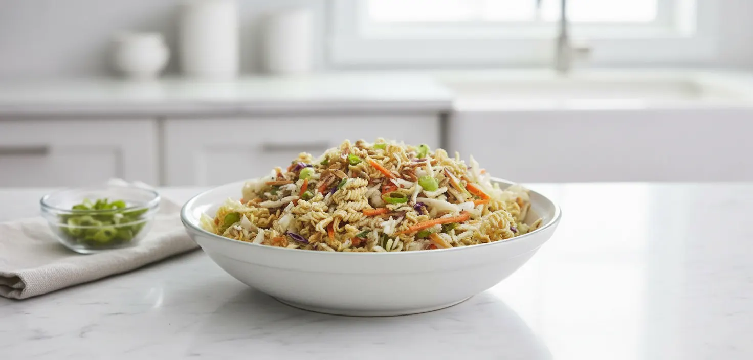 A vibrant ramen salad featuring crushed ramen noodles, shredded green and purple cabbage, julienned carrots, sunflower seeds, and sliced green onions, coated in a light dressing.
