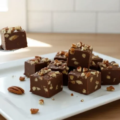 Squares of 5-minute chocolate fudge with chopped pecans mixed in and sprinkled on top, arranged on white baking paper with a chef's knife in the blurred background.