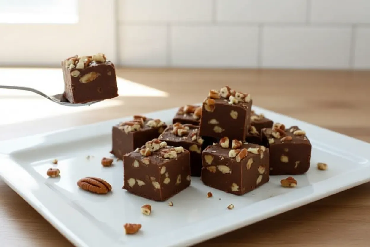 Squares of 5-minute chocolate fudge with chopped pecans mixed in and sprinkled on top, arranged on white baking paper with a chef's knife in the blurred background.