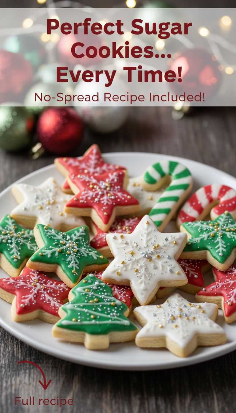 Close-up of assorted Christmas-themed sugar cookies decorated with royal icing. The cookies are shaped like stars, Christmas trees, snowflakes, and candy canes, adorned with colorful sprinkles and gold sugar crystals. The icing is glossy and smooth, covering the cookies evenly.