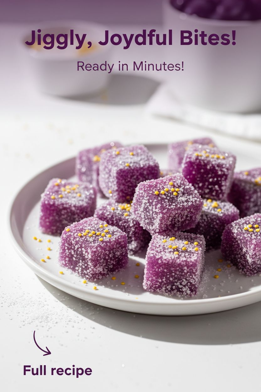 Close-up of light purple, translucent gummy candies coated in coarse granulated sugar and golden star sprinkles, showcasing Sparkling Grape Juice Jello Bites.