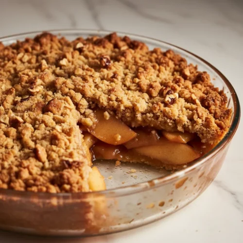 A slice of apple crumble pie with a significant portion missing, revealing a filling of tender Granny Smith and Gala apple slices coated in a glossy, caramelized sauce. The crumble topping is golden-brown, made with flour, oats, butter, sugar, and chopped walnuts.